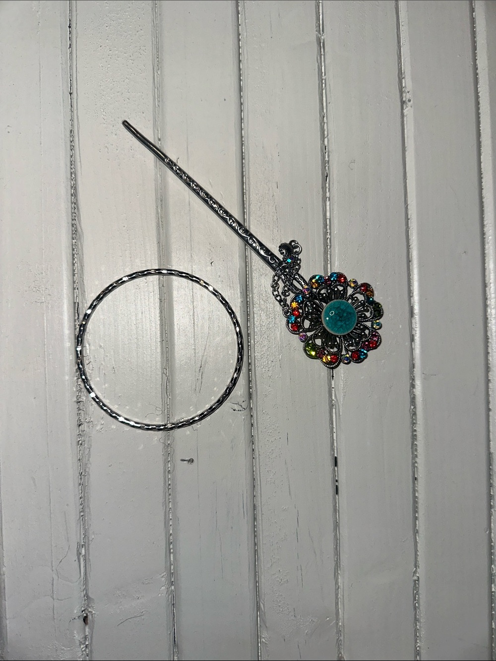 Silver Multi-Color Floral Hair Stick and Bangle Set